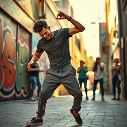A captivating scene of a stylish young man dancing energetically in a vibrant urban environment