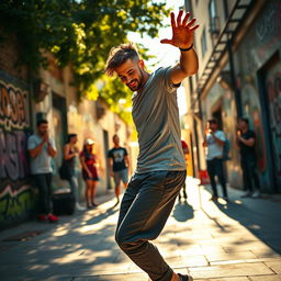 A captivating scene of a stylish young man dancing energetically in a vibrant urban environment