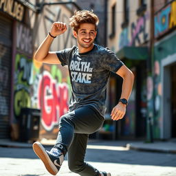 A dynamic scene featuring a young man named Hugh, caught mid-dance in an energetic pose