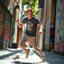 A dynamic scene featuring a young man named Hugh, caught mid-dance in an energetic pose