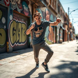 A dynamic scene featuring a young man named Hugh, caught mid-dance in an energetic pose