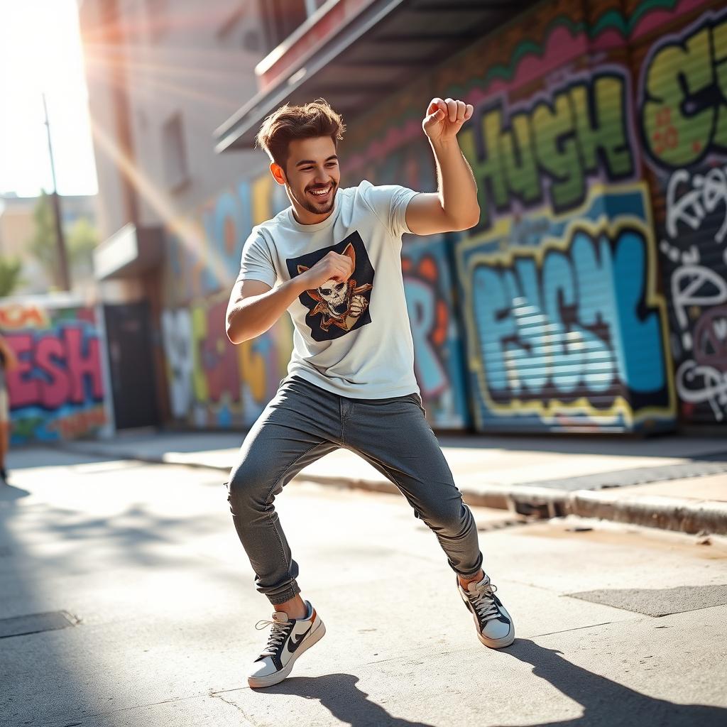 A dynamic scene featuring a young man named Hugh, caught mid-dance in an energetic pose