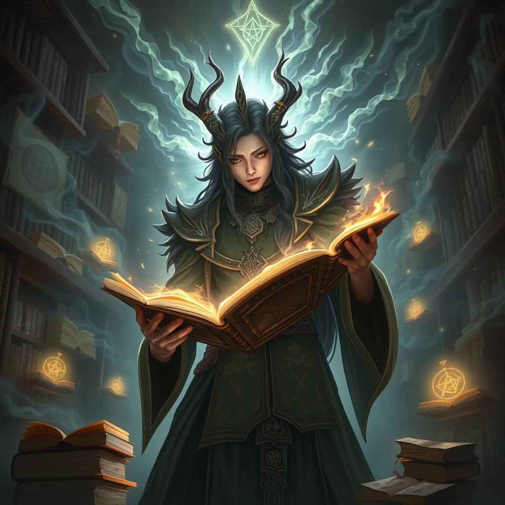 A highly intelligent, scholarly supernatural being named PARSA, surrounded by mystical energies and ancient tomes in a library filled with floating books and glowing symbols