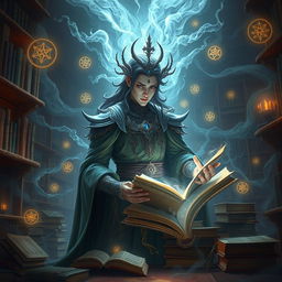 A highly intelligent, scholarly supernatural being named PARSA, surrounded by mystical energies and ancient tomes in a library filled with floating books and glowing symbols