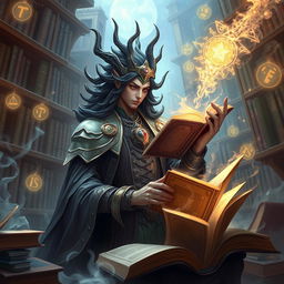 A highly intelligent, scholarly supernatural being named PARSA, surrounded by mystical energies and ancient tomes in a library filled with floating books and glowing symbols