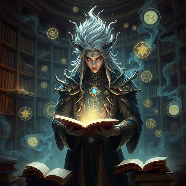 A highly intelligent, scholarly supernatural being named PARSA, surrounded by mystical energies and ancient tomes in a library filled with floating books and glowing symbols