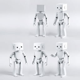 A collection of different poses showcasing a quadrilateral robot made entirely out of paper, focusing on various positions like standing upright, crouching, extending its limbs, and twisting its torso