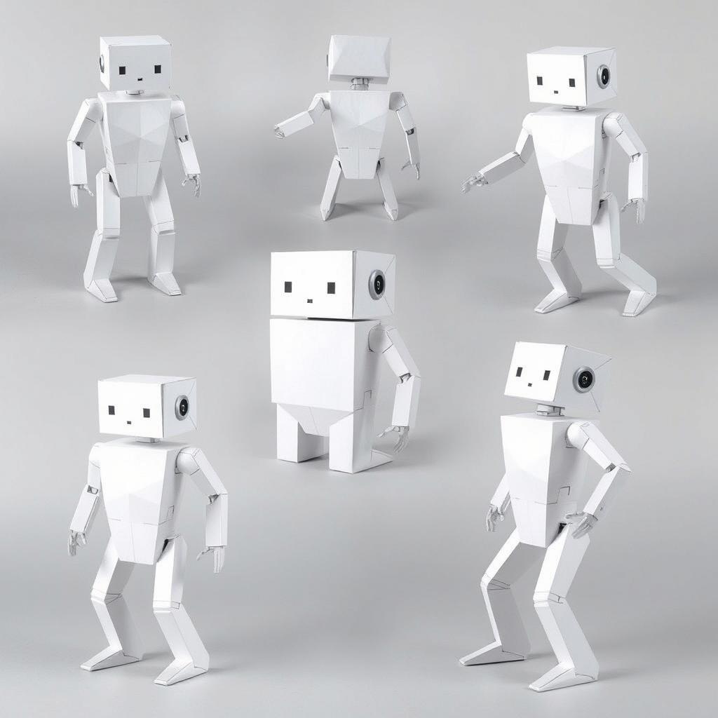 A collection of different poses showcasing a quadrilateral robot made entirely out of paper, focusing on various positions like standing upright, crouching, extending its limbs, and twisting its torso