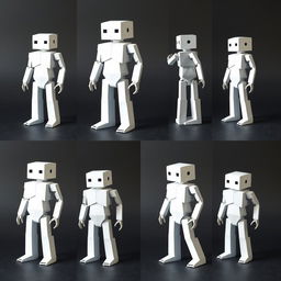 A collection of different poses showcasing a quadrilateral robot made entirely out of paper, focusing on various positions like standing upright, crouching, extending its limbs, and twisting its torso