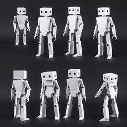 A collection of different poses showcasing a quadrilateral robot made entirely out of paper, focusing on various positions like standing upright, crouching, extending its limbs, and twisting its torso