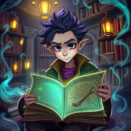 A smart and mystical character named PARSA, sitting in an enchanted library filled with ancient books and mystical artifacts