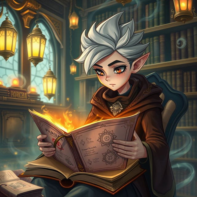 A smart and mystical character named PARSA, sitting in an enchanted library filled with ancient books and mystical artifacts