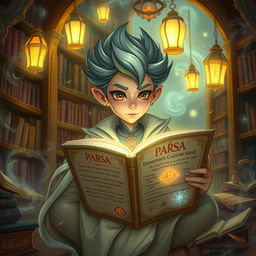 A smart and mystical character named PARSA, sitting in an enchanted library filled with ancient books and mystical artifacts
