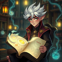 A smart and mystical character named PARSA, sitting in an enchanted library filled with ancient books and mystical artifacts