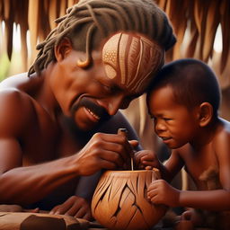 Produce a Disney Pixar style movie poster of a Melanesian father from Vanuatu, teaching his young son the traditional skill of carving a tamtam. The image reveals details of their cultural heritage, fatherly love and learning.