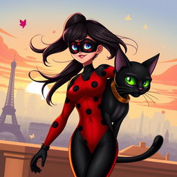 A vibrant and dynamic illustration of a superhero girl inspired by Ladybug and a sleek black cat superhero