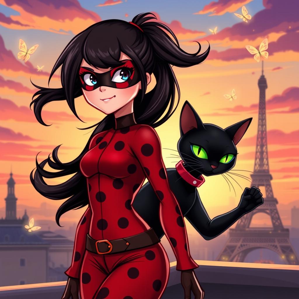 A vibrant and dynamic illustration of a superhero girl inspired by Ladybug and a sleek black cat superhero