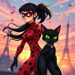 A vibrant and dynamic illustration of a superhero girl inspired by Ladybug and a sleek black cat superhero