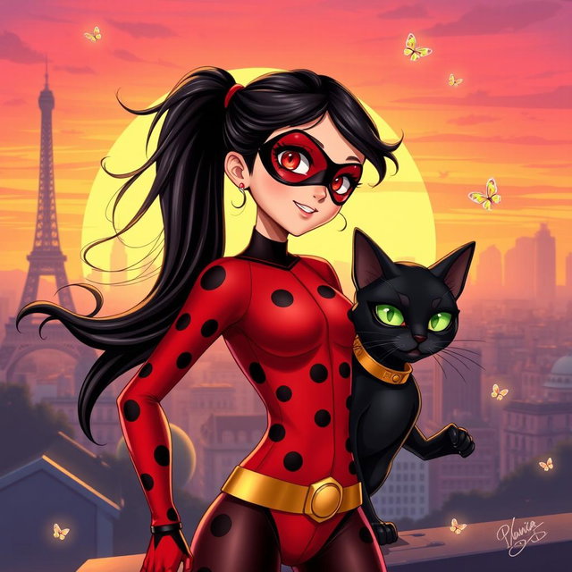 A vibrant and dynamic illustration of a superhero girl inspired by Ladybug and a sleek black cat superhero