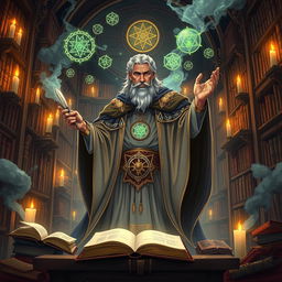 A mystical and powerful illustration centered around the character named Parsa, depicted as a wise and scholarly figure immersed in study and research