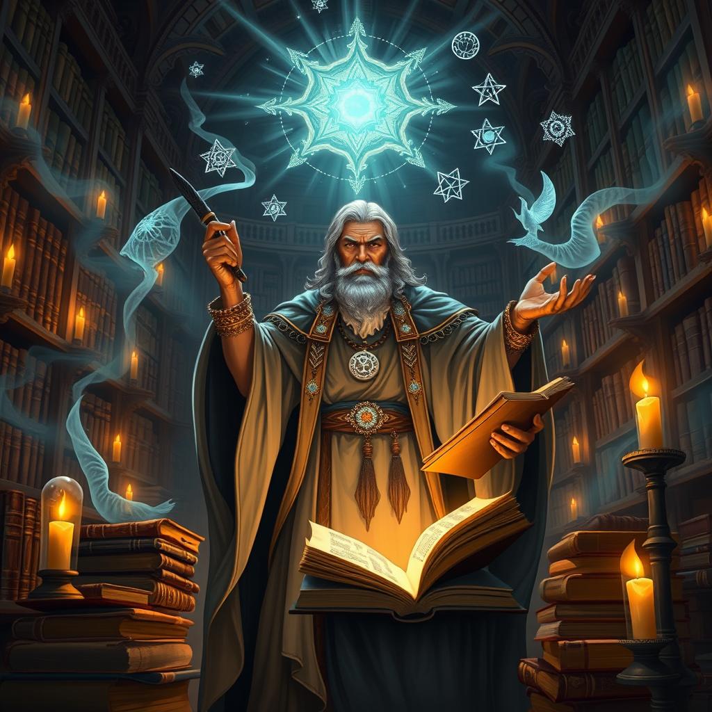 A mystical and powerful illustration centered around the character named Parsa, depicted as a wise and scholarly figure immersed in study and research