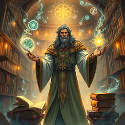 A mystical and powerful illustration centered around the character named Parsa, depicted as a wise and scholarly figure immersed in study and research