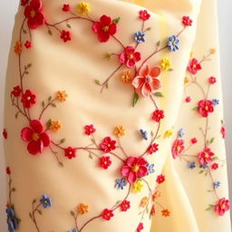 A beautifully crafted saree adorned with delicate, hand-sewn flower decorations