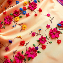 A beautifully crafted saree adorned with delicate, hand-sewn flower decorations