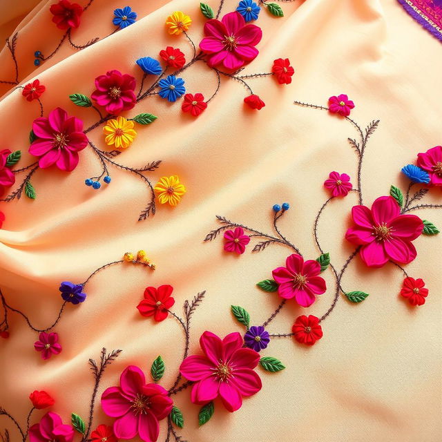 A beautifully crafted saree adorned with delicate, hand-sewn flower decorations