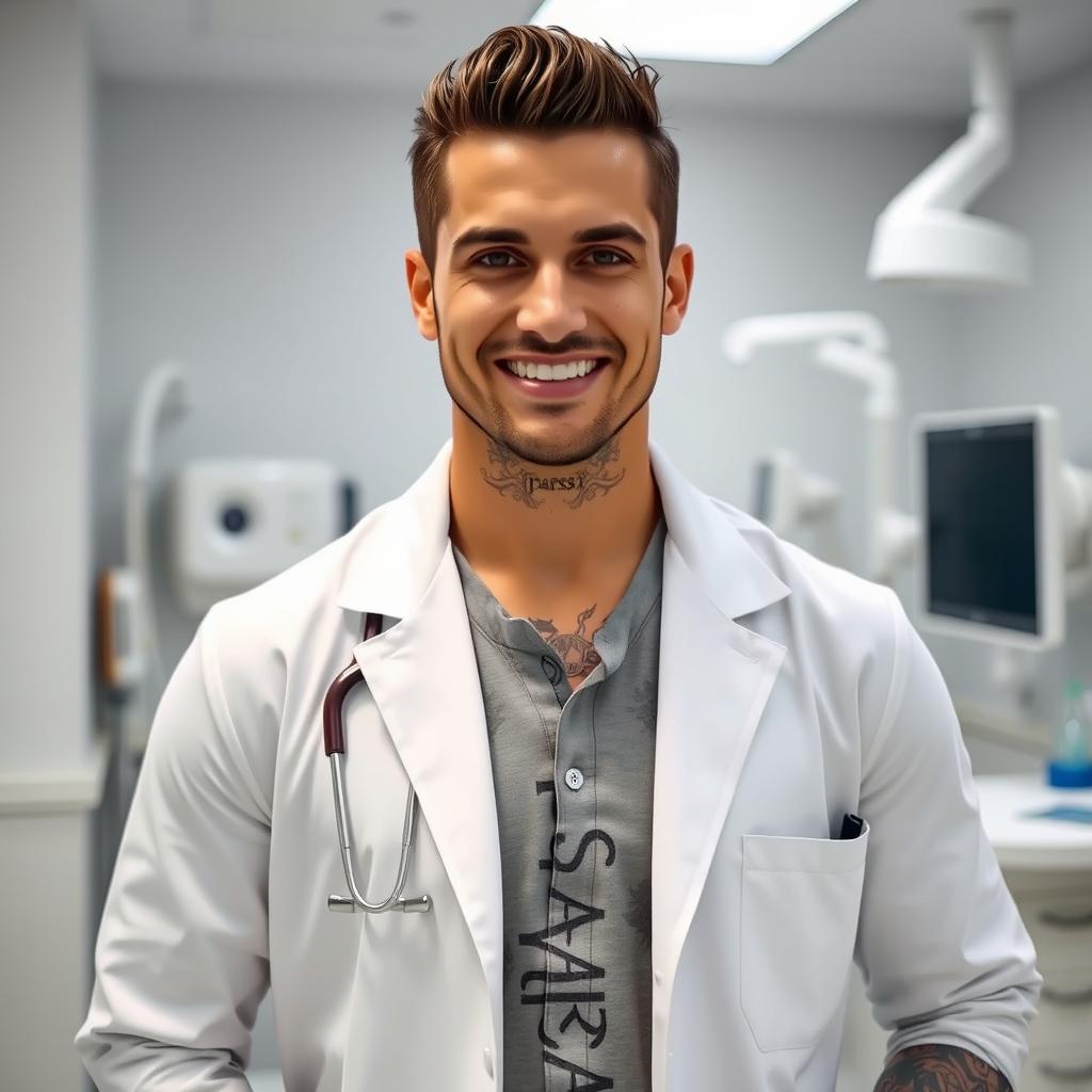 A handsome doctor with a prominent Adam's apple and elaborate tattoos, one tattoo prominently featuring the name 'Parsa'