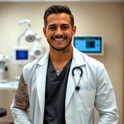 A handsome doctor with a prominent Adam's apple and elaborate tattoos, one tattoo prominently featuring the name 'Parsa'
