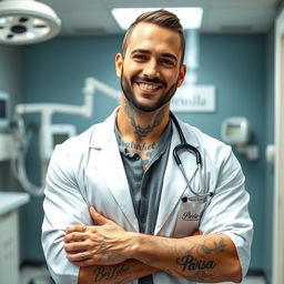 A handsome doctor with a prominent Adam's apple and elaborate tattoos, one tattoo prominently featuring the name 'Parsa'