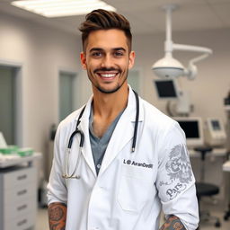 A handsome doctor with a prominent Adam's apple and elaborate tattoos, one tattoo prominently featuring the name 'Parsa'