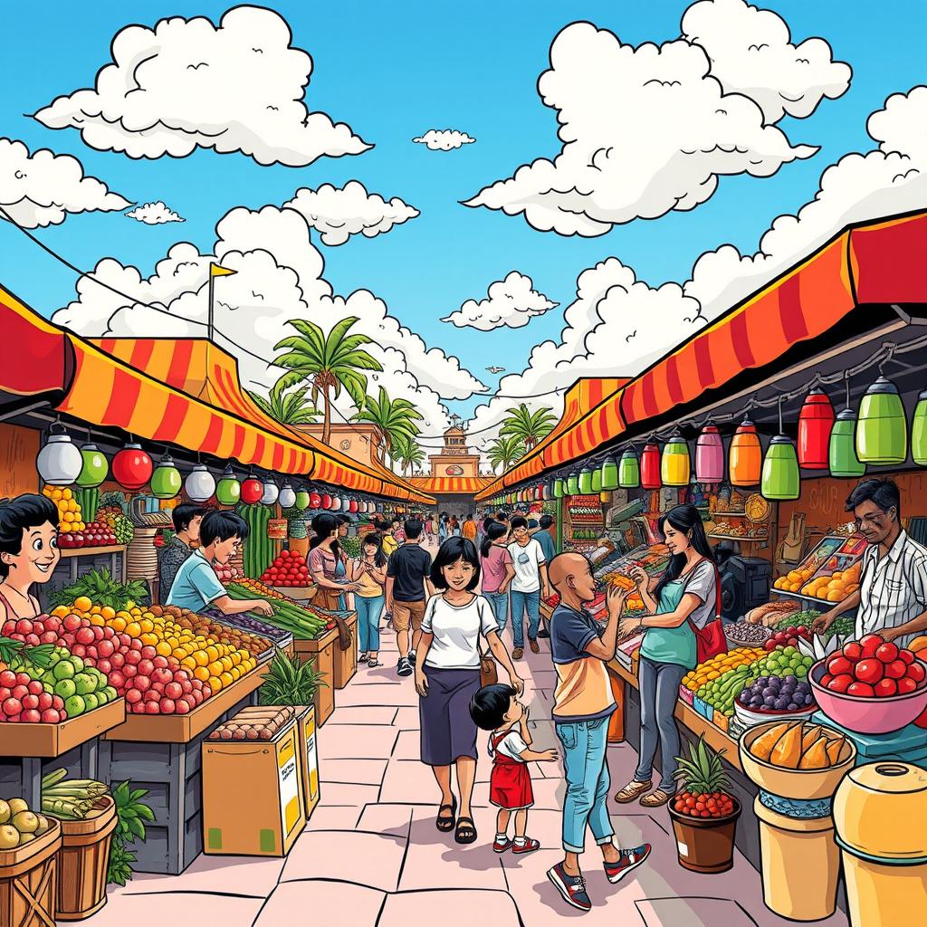 A vibrant and dynamic comic-style illustration of a lively street market scene