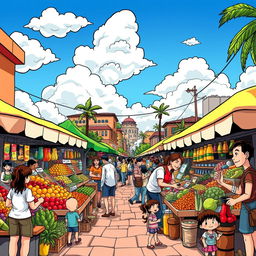 A vibrant and dynamic comic-style illustration of a lively street market scene
