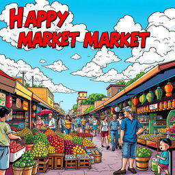 A vibrant and dynamic comic-style illustration of a lively street market scene