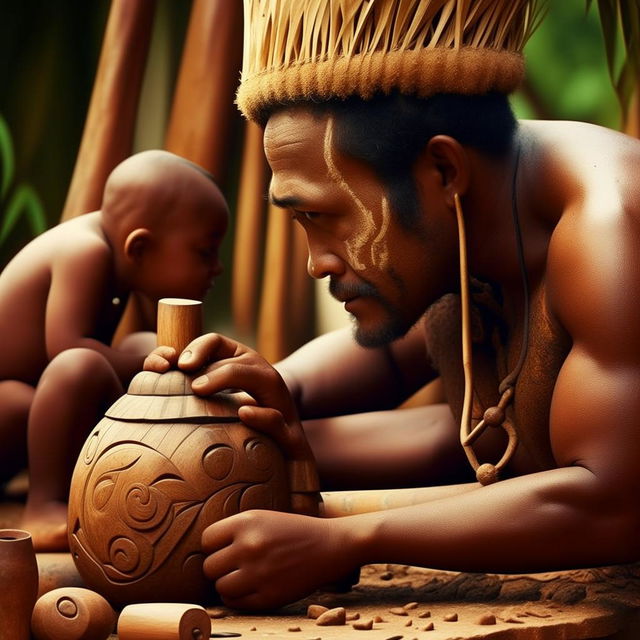 Produce a Disney Pixar style movie poster of a Melanesian father from Vanuatu, teaching his young son the traditional skill of carving a tamtam. The image reveals details of their cultural heritage, fatherly love and learning.