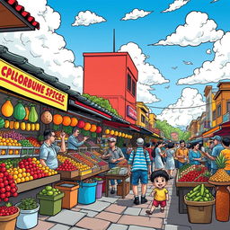 A vibrant and dynamic comic-style illustration of a lively street market scene