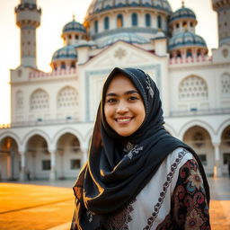 A 27-year-old woman wearing a stylish hijab, standing gracefully in front of a beautiful mosque
