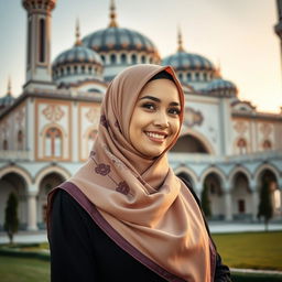 A 27-year-old woman wearing a stylish hijab, standing gracefully in front of a beautiful mosque