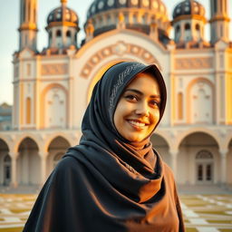 A 27-year-old woman wearing a stylish hijab, standing gracefully in front of a beautiful mosque
