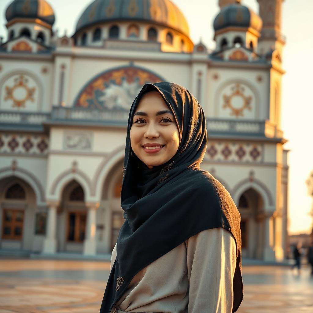 A 27-year-old woman wearing a stylish hijab, standing gracefully in front of a beautiful mosque
