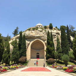 An Islamic mausoleum located on the slope of a mountain, carved into the rocky hillside, with a width of 13 meters and a depth of 20 meters, designed in an arch shape