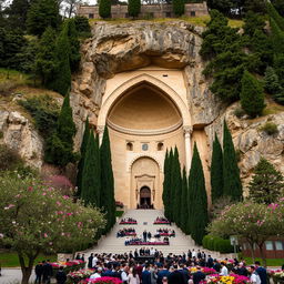 An Islamic mausoleum located on the slope of a mountain, carved into the rocky hillside, with a width of 13 meters and a depth of 20 meters, designed in an arch shape