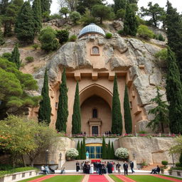 An Islamic mausoleum located on the slope of a mountain, carved into the rocky hillside, with a width of 13 meters and a depth of 20 meters, designed in an arch shape