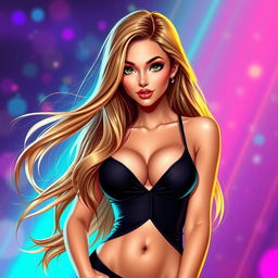 A stunning, attractive avatar inspired by the features of the provided photo, featuring a beautiful, confident woman with long flowing hair, wearing a stylish and revealing outfit that highlights her curves
