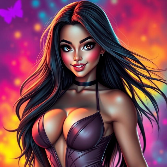 A stunning, attractive avatar inspired by the features of the provided photo, featuring a beautiful, confident woman with long flowing hair, wearing a stylish and revealing outfit that highlights her curves