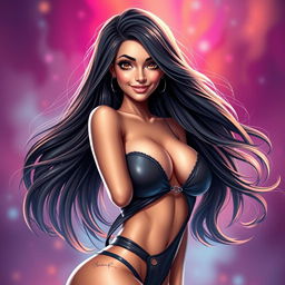 A stunning, attractive avatar inspired by the features of the provided photo, featuring a beautiful, confident woman with long flowing hair, wearing a stylish and revealing outfit that highlights her curves