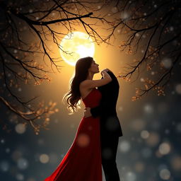A romantic scene depicting a couple kissing passionately under a starry night sky