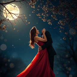 A romantic scene depicting a couple kissing passionately under a starry night sky
